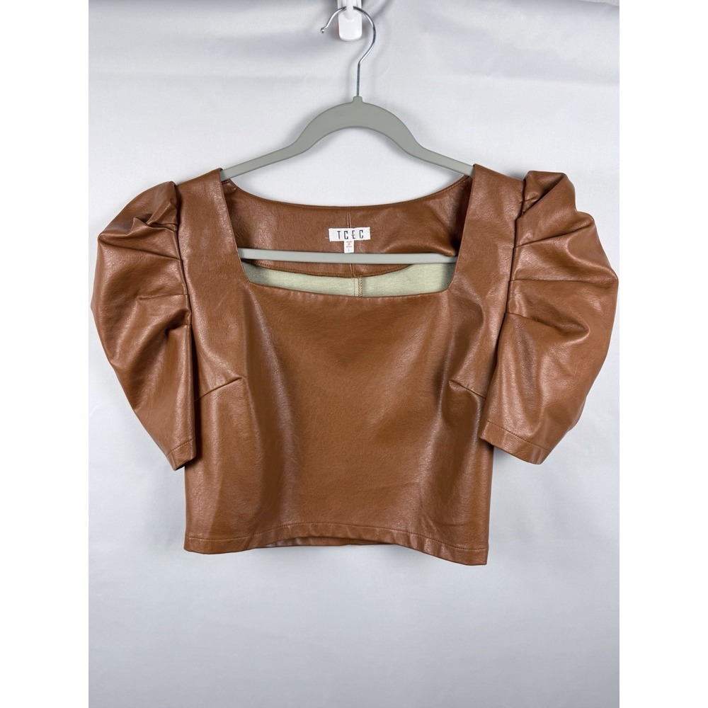 TCEC Women's Large Brown Faux Leather Puff Sleeve Crop Top